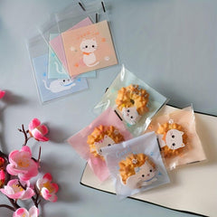 100pcs Cartoon Graphic Self Sealing Plastic Bags for Biscuits Snacks Nuts Candy