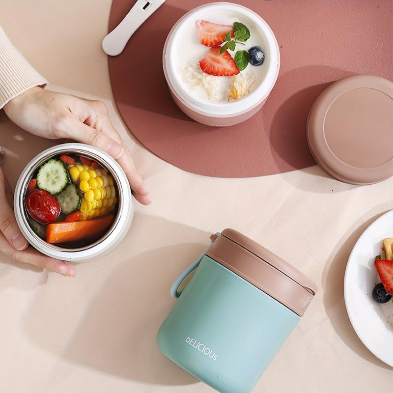 Round Insulated Lunch Box with Spoon Stainless Steel Vacuum Container Leakproof