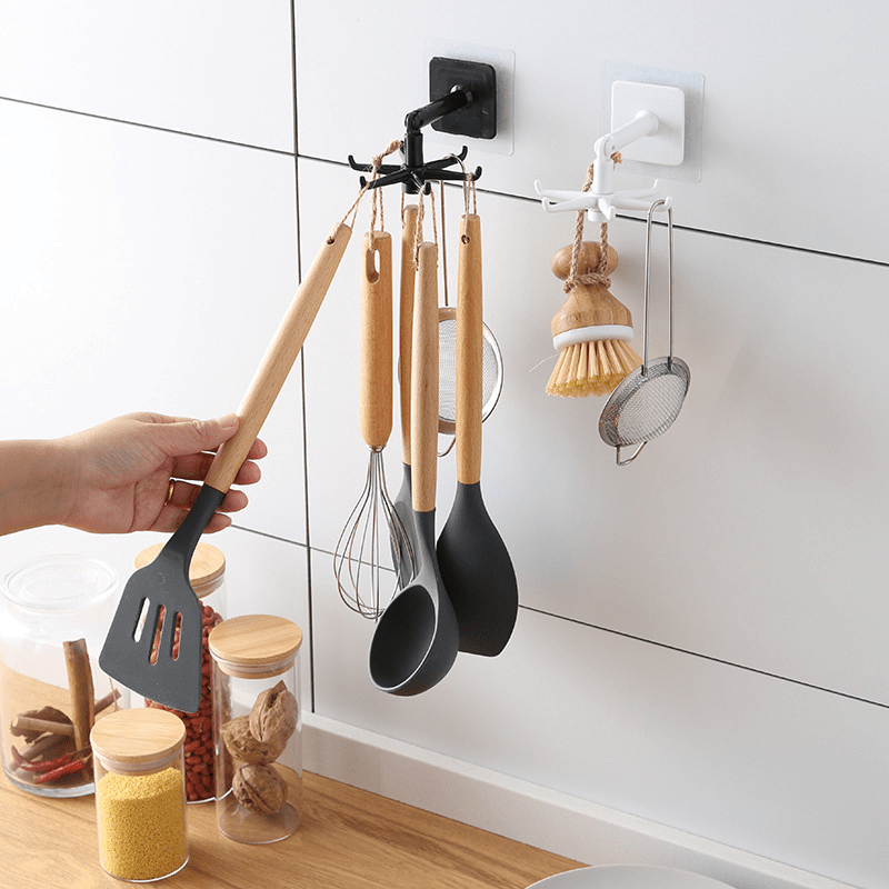 Universal Rotating Hook 6-Claw Rack Organizer Self Adhesive Towel Rack