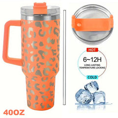 40oz Leopard Print Insulated Water Bottle Stainless Steel with Lid & Straw