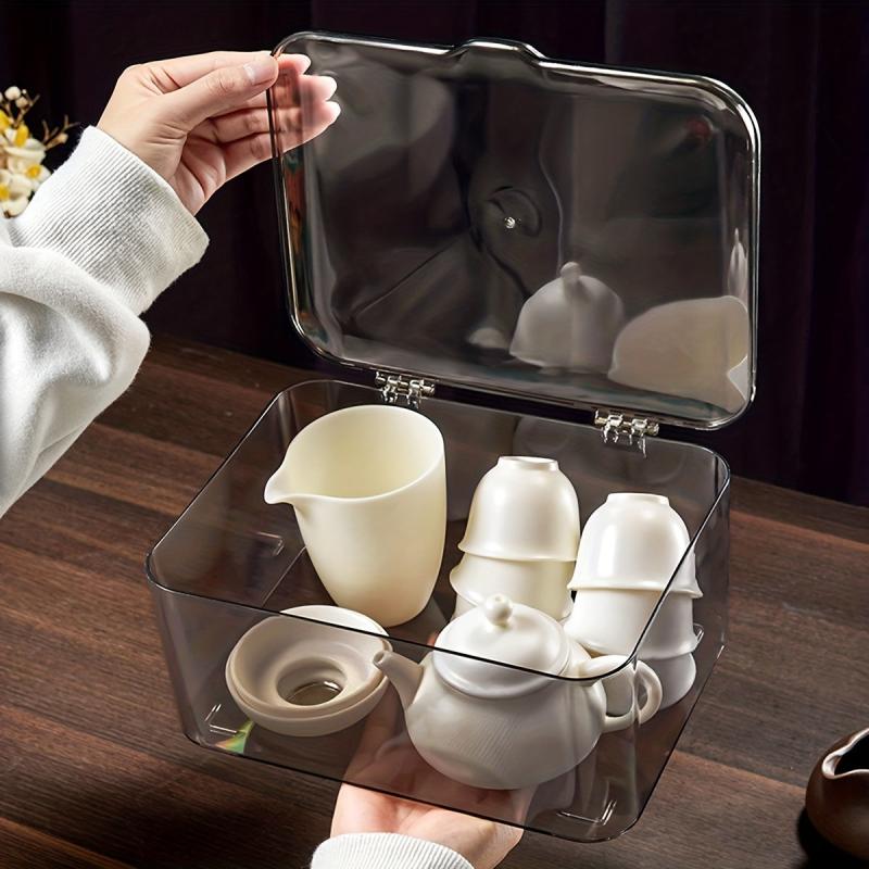 Large Acrylic Tea Set Storage Box with Lid and Drain Board