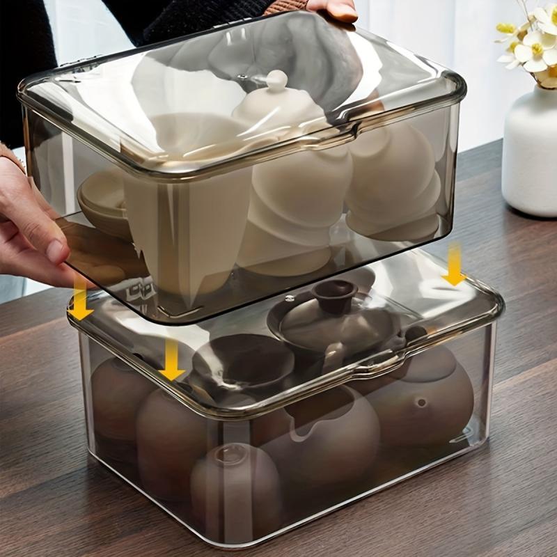 Large Acrylic Tea Set Storage Box with Lid and Drain Board