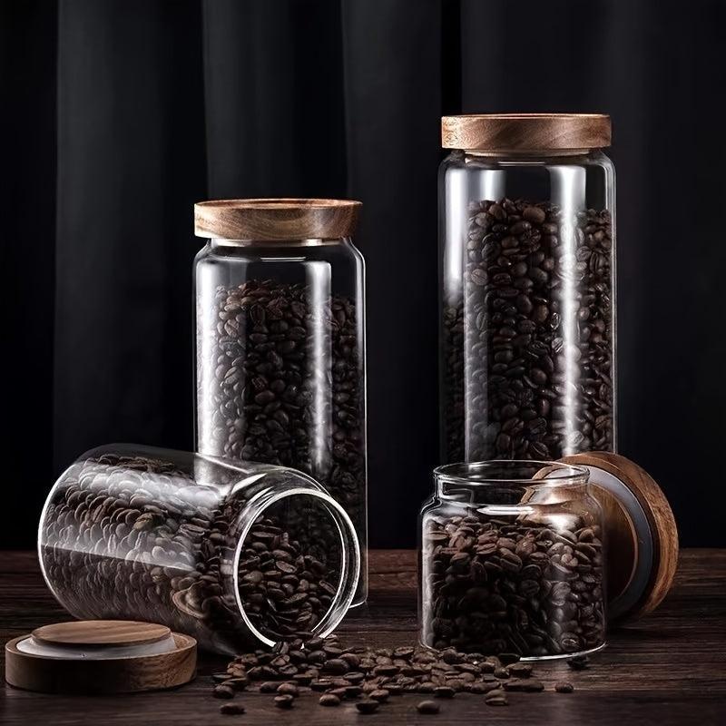 Glass Storage Jar with Wood Lids for Coffee Tea Nuts Sugar Candy Spices