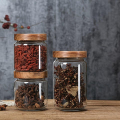 Glass Storage Jar with Wood Lids for Coffee Tea Nuts Sugar Candy Spices