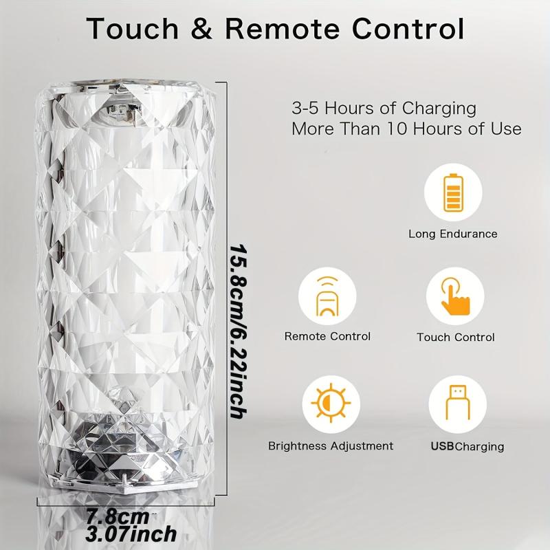 Crystal Table Lamp Rose Light 16 Colors Changing RGB Touch & Remote Control