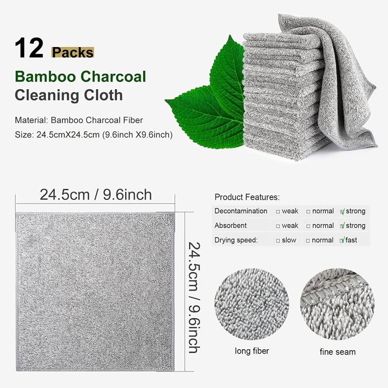 12 Bamboo Charcoal Kitchen Dish Towels - Fast Drying & Washable