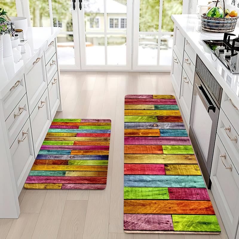 Colorful Wood Print Anti-Fatigue Kitchen Mat, Non-Slip Polyester Carpet