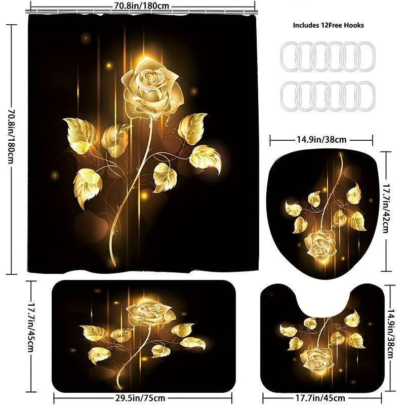 Yellow Rose Shower Curtain Set with Non Slip Rug and Toilet Mat