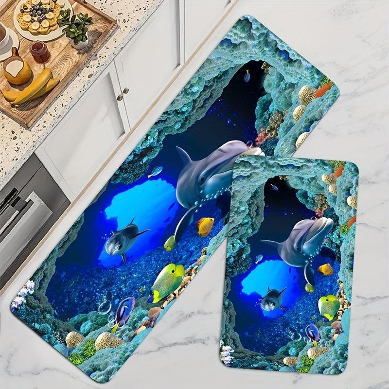 3D Kitchen Rug Dolphin Fish Ocean Printing Floor Mat Non-slip Indoor Mat