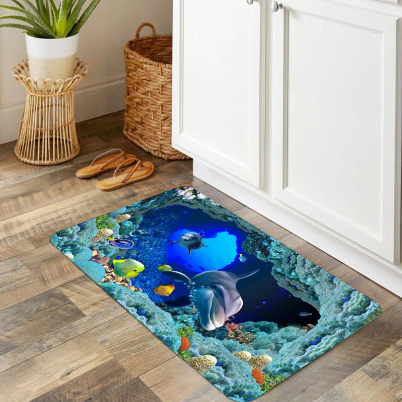 3D Kitchen Rug Dolphin Fish Ocean Printing Floor Mat Non-slip Indoor Mat