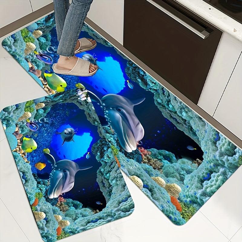 3D Kitchen Rug Dolphin Fish Ocean Printing Floor Mat Non-slip Indoor Mat