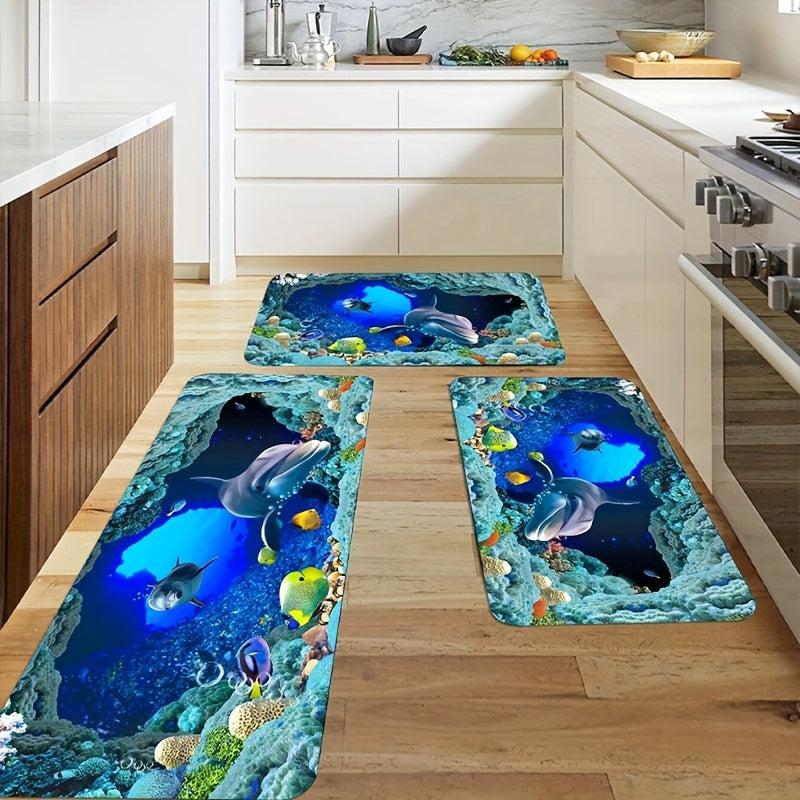 3D Kitchen Rug Dolphin Fish Ocean Printing Floor Mat Non-slip Indoor Mat