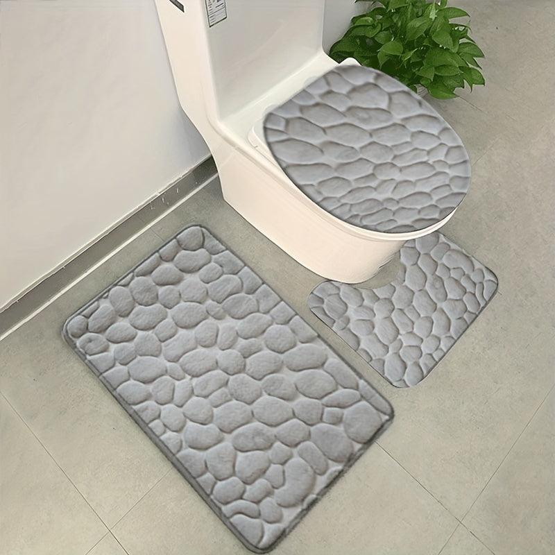 3pc Cobblestone Bathroom Mat Set, Quick Drying Non-slip Floor Mat, Solid Toilet