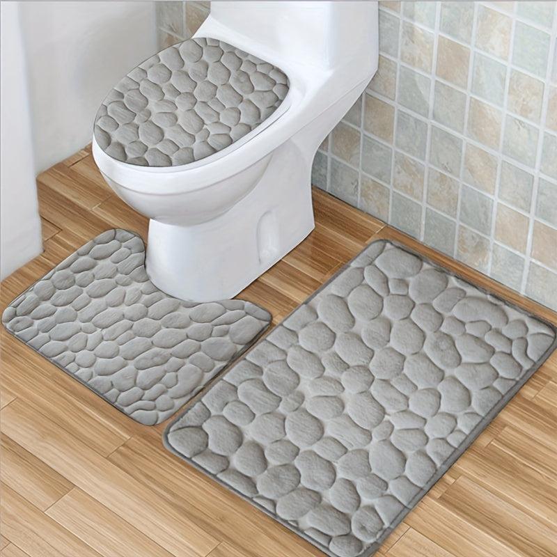 3pc Cobblestone Bathroom Mat Set, Quick Drying Non-slip Floor Mat, Solid Toilet