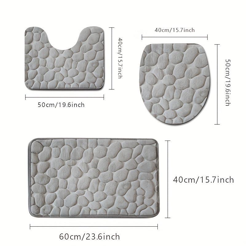 3pc Cobblestone Bathroom Mat Set, Quick Drying Non-slip Floor Mat, Solid Toilet