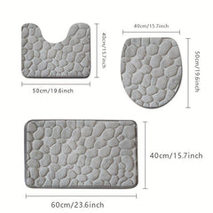 3pc Cobblestone Bathroom Mat Set, Quick Drying Non-slip Floor Mat, Solid Toilet