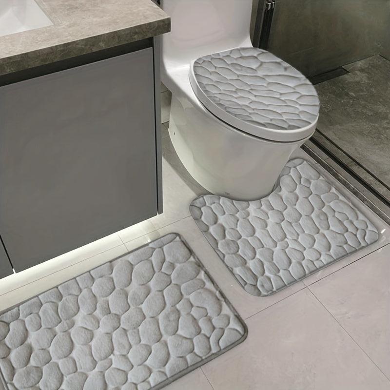 3pc Cobblestone Bathroom Mat Set, Quick Drying Non-slip Floor Mat, Solid Toilet