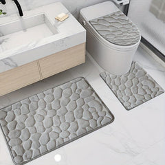 3pc Cobblestone Bathroom Mat Set, Quick Drying Non-slip Floor Mat, Solid Toilet