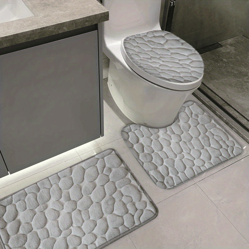 3pc Cobblestone Bathroom Mat Set, Quick Drying Non-slip Floor Mat, Solid Toilet