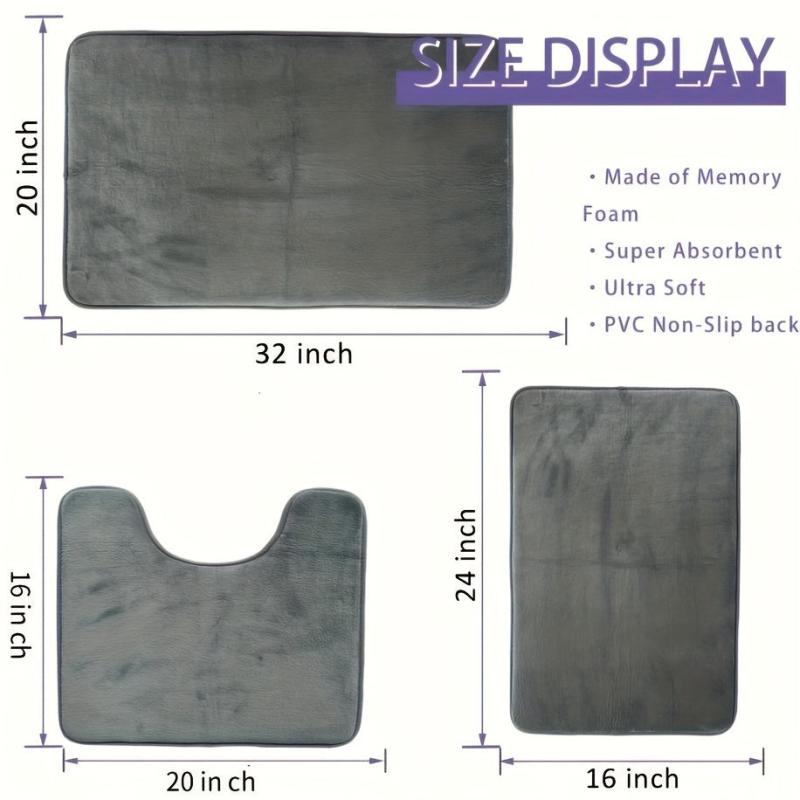 3pcs Thick Memory Foam Bath Mat Set Absorbent Washable Rugs Non Slip Soft