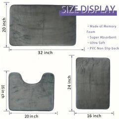 3pcs Thick Memory Foam Bath Mat Set Absorbent Washable Rugs Non Slip Soft