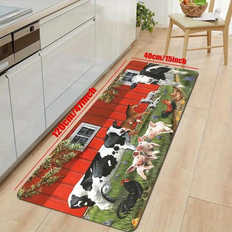 Cow And Rooster Farm Print Floor Mat Rustic Kitchen Dining Room Non slip Mat