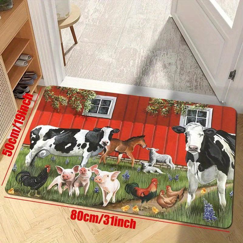 Cow And Rooster Farm Print Floor Mat Rustic Kitchen Dining Room Non slip Mat