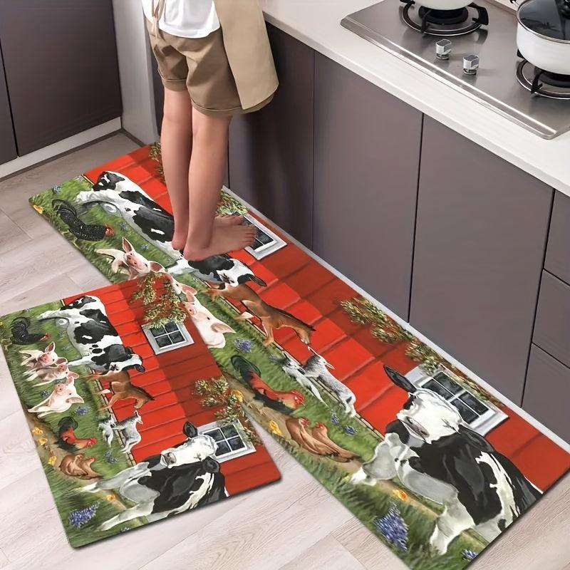 Cow And Rooster Farm Print Floor Mat Rustic Kitchen Dining Room Non slip Mat
