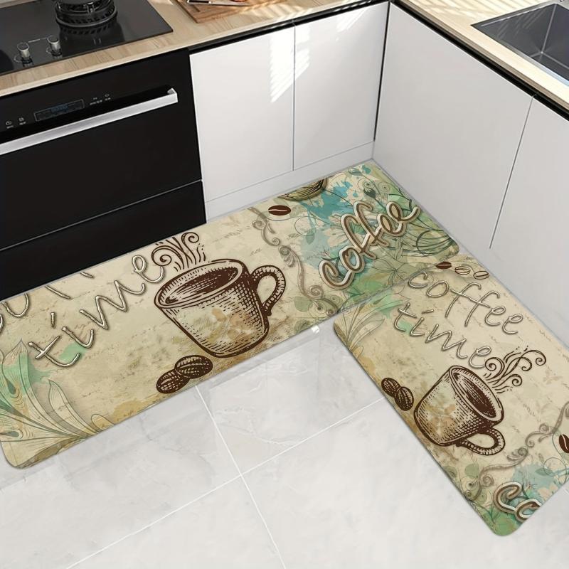 Vintage Coffee Cup Kitchen Floor Mat Non-slip Waterproof Dirt-resistant