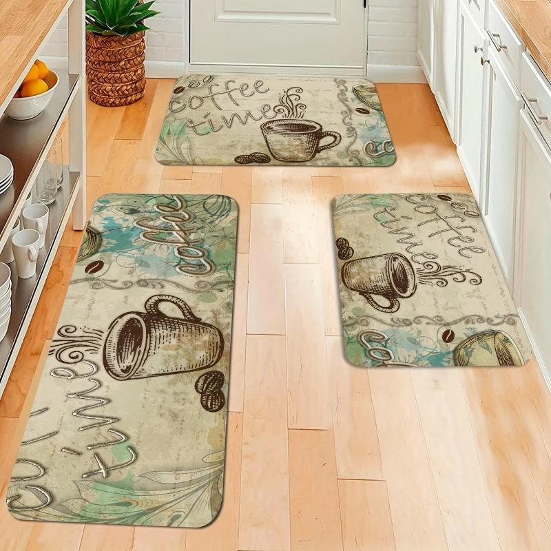 Vintage Coffee Cup Kitchen Floor Mat Non-slip Waterproof Dirt-resistant