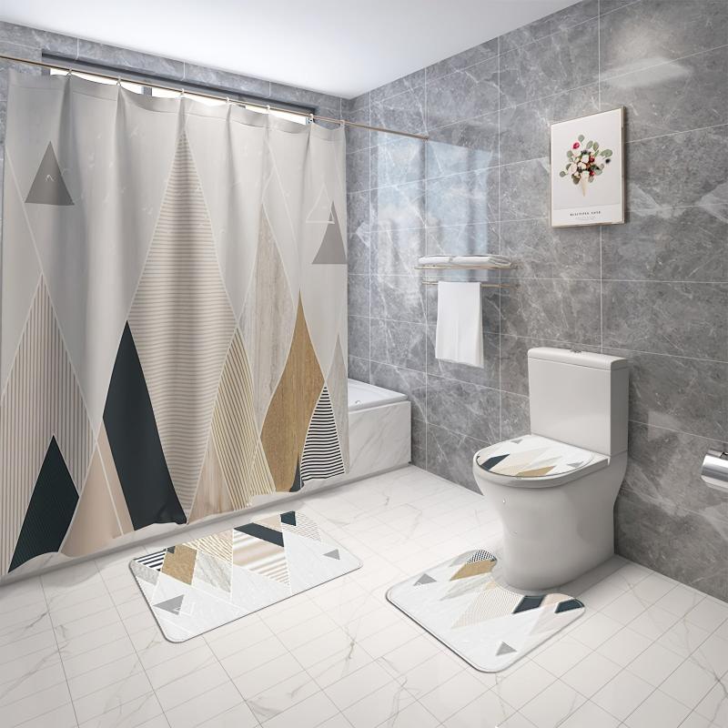 4pcs Abstract Triangle Bathroom Set with Shower Curtain and Rugs