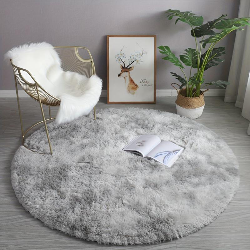 Round Plush Bedroom Carpet Large Area Rug Tie Dyed Light Grey Shaggy Rug