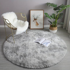Round Plush Bedroom Carpet Large Area Rug Tie Dyed Light Grey Shaggy Rug
