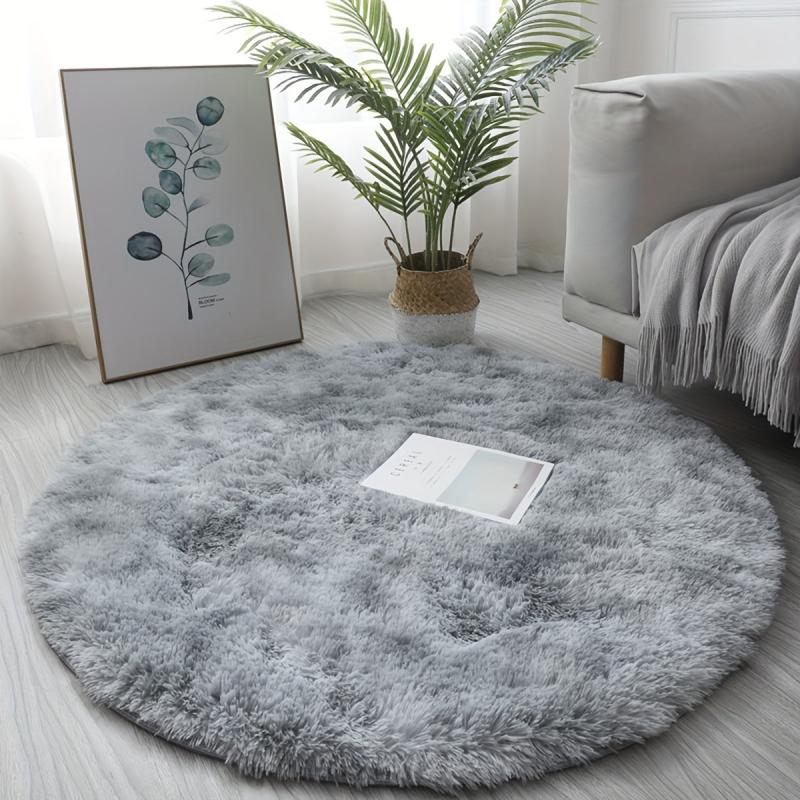 Round Plush Bedroom Carpet Large Area Rug Tie Dyed Light Grey Shaggy Rug