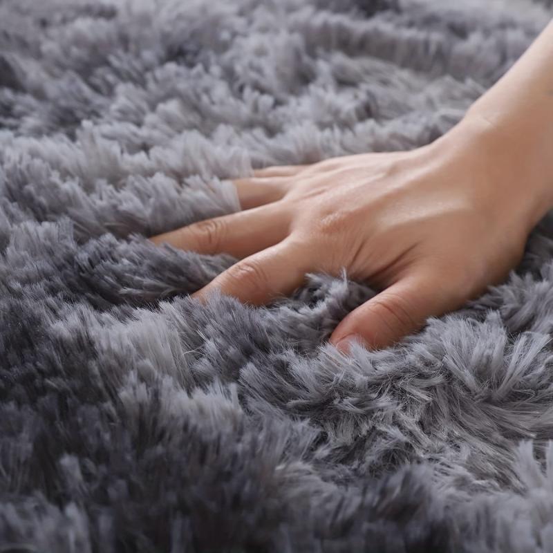Round Plush Bedroom Carpet Large Area Rug Tie Dyed Light Grey Shaggy Rug