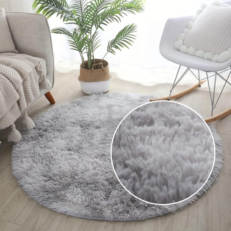 Round Plush Bedroom Carpet Large Area Rug Tie Dyed Light Grey Shaggy Rug
