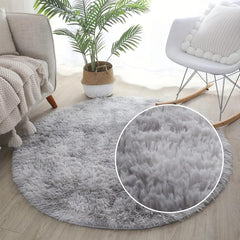 Round Plush Bedroom Carpet Large Area Rug Tie Dyed Light Grey Shaggy Rug