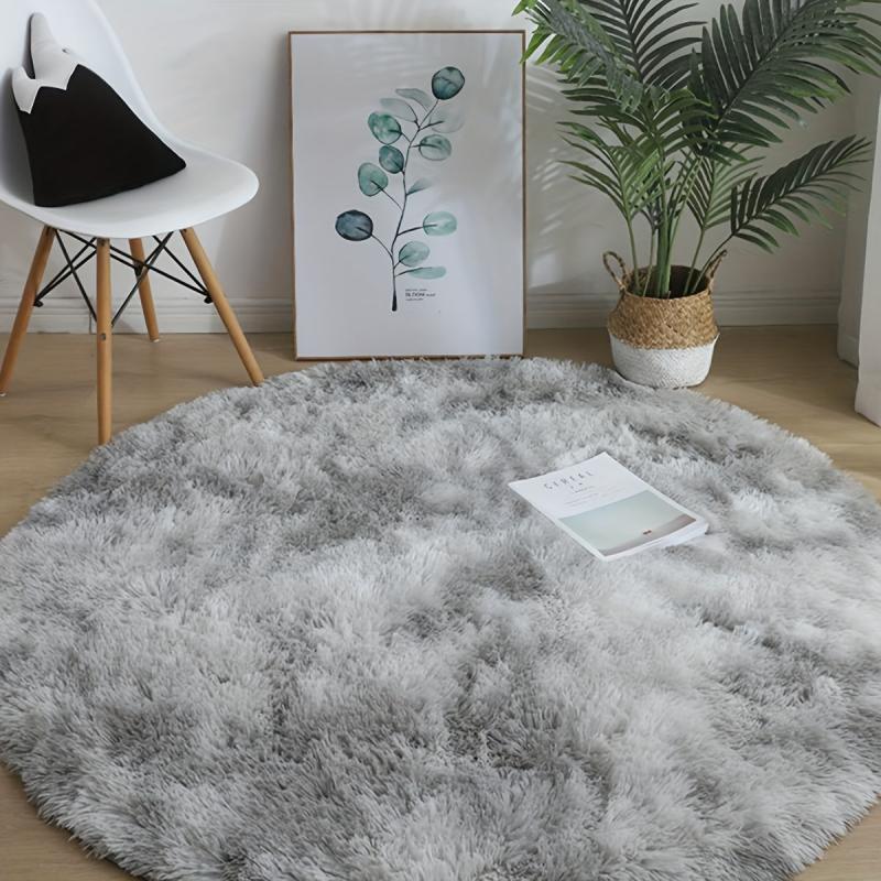 Round Plush Bedroom Carpet Large Area Rug Tie Dyed Light Grey Shaggy Rug