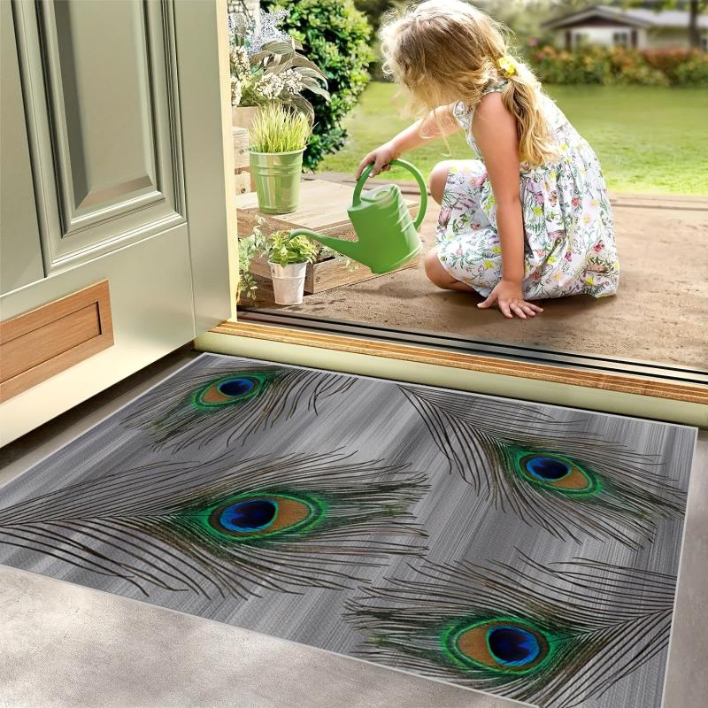Peacock Feather Kitchen Rug Entrance Carpet Anti-Slip Rubber Back