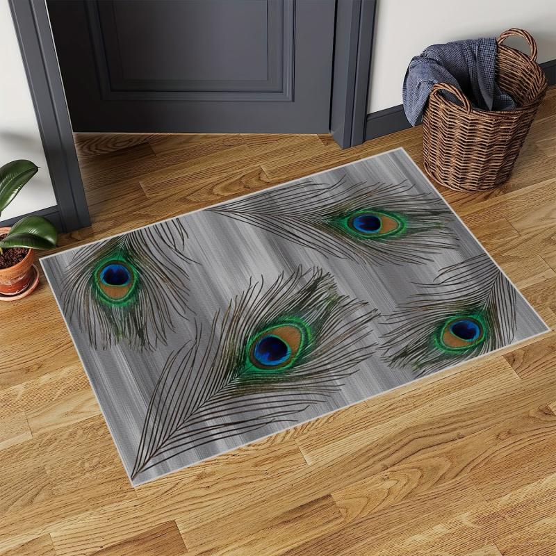 Peacock Feather Kitchen Rug Entrance Carpet Anti-Slip Rubber Back