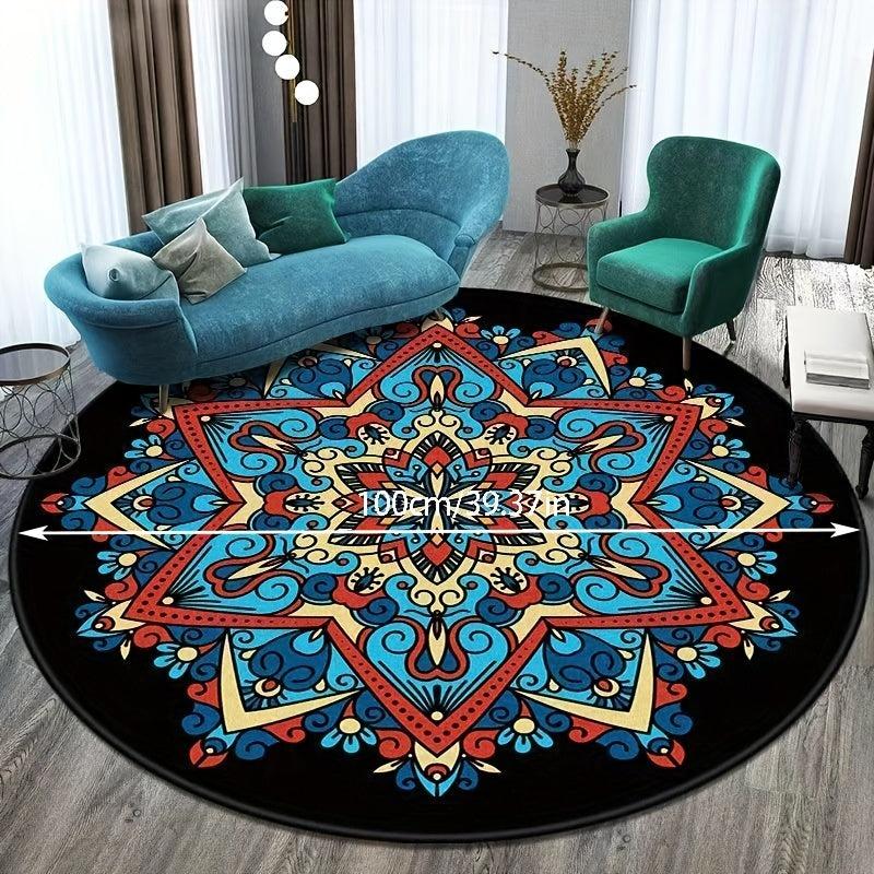 Ethnic Circular Carpet for Living Room Bedroom - Non Slip, Soft