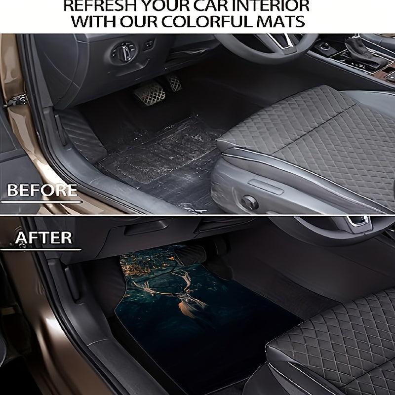 Car Floor Mat Forest Deer Pattern Front Rear Pad Set Anti Slip Heel Mat