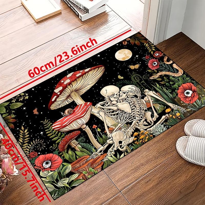 Fantasy Mushroom Print Area Rug Romantic Skull Non slip Halloween Resistant Rug