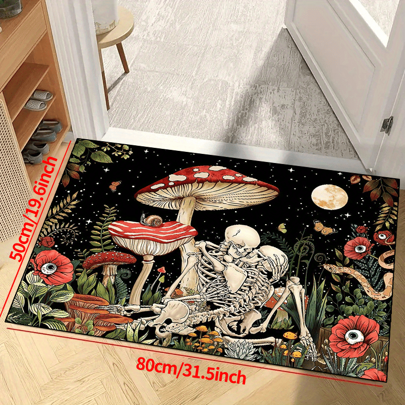 Fantasy Mushroom Print Area Rug Romantic Skull Non slip Halloween Resistant Rug