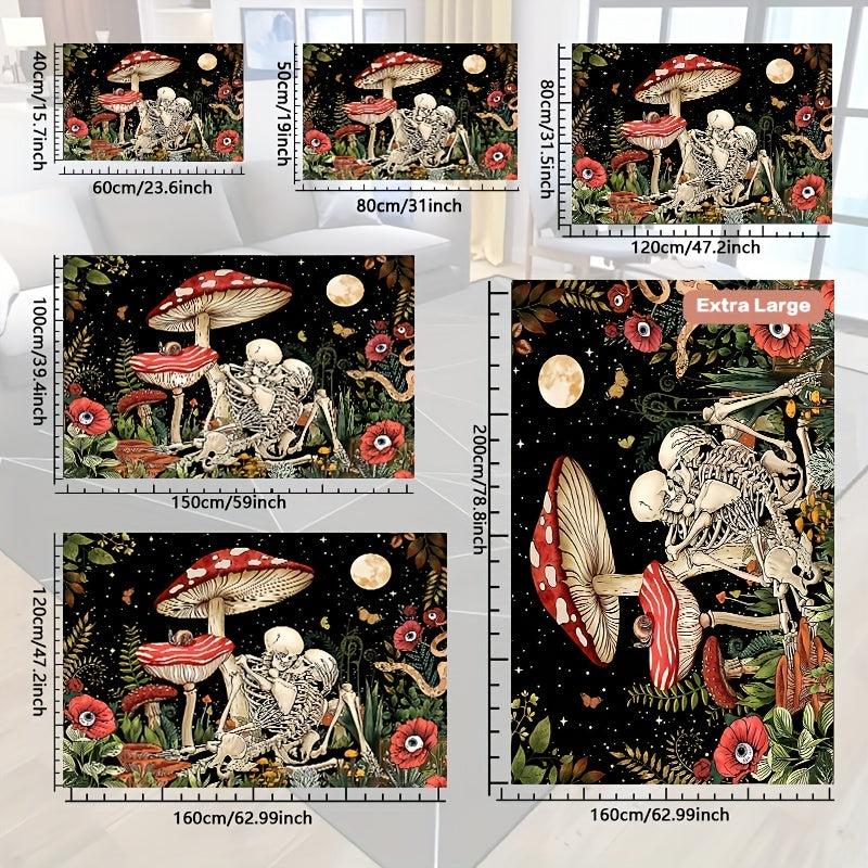 Fantasy Mushroom Print Area Rug Romantic Skull Non slip Halloween Resistant Rug