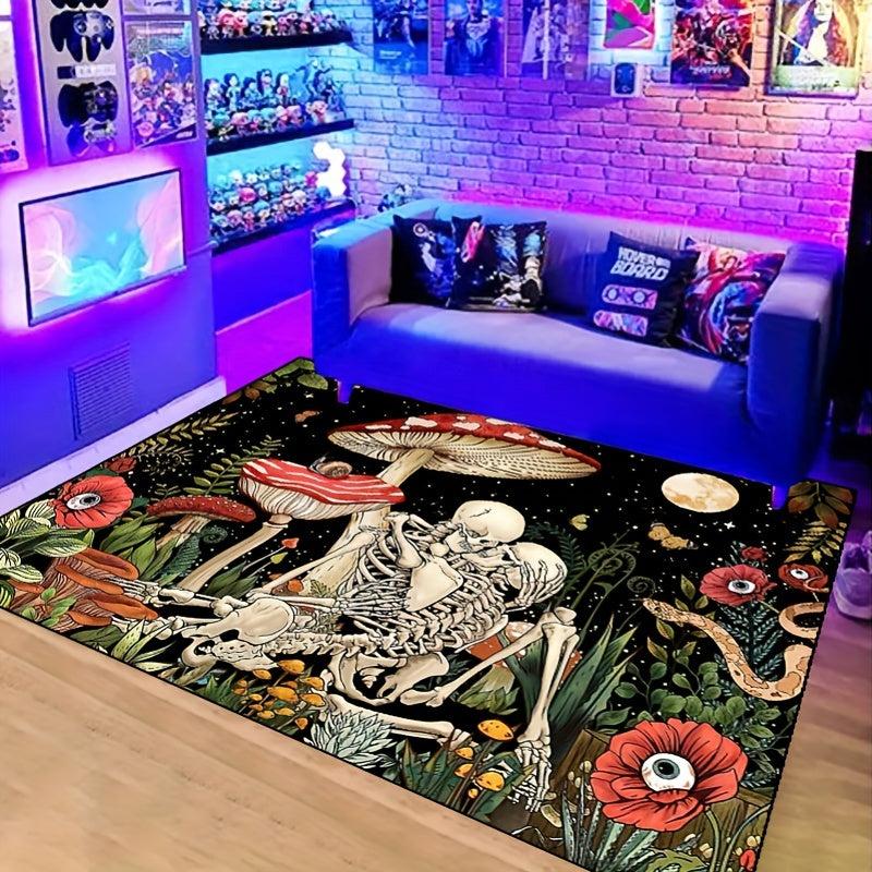 Fantasy Mushroom Print Area Rug Romantic Skull Non slip Halloween Resistant Rug