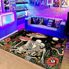 Fantasy Mushroom Print Area Rug Romantic Skull Non slip Halloween Resistant Rug