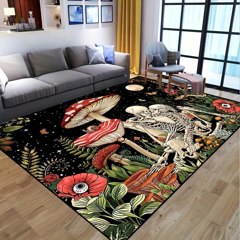 Fantasy Mushroom Print Area Rug Romantic Skull Non slip Halloween Resistant Rug