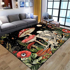 Fantasy Mushroom Print Area Rug Romantic Skull Non slip Halloween Resistant Rug