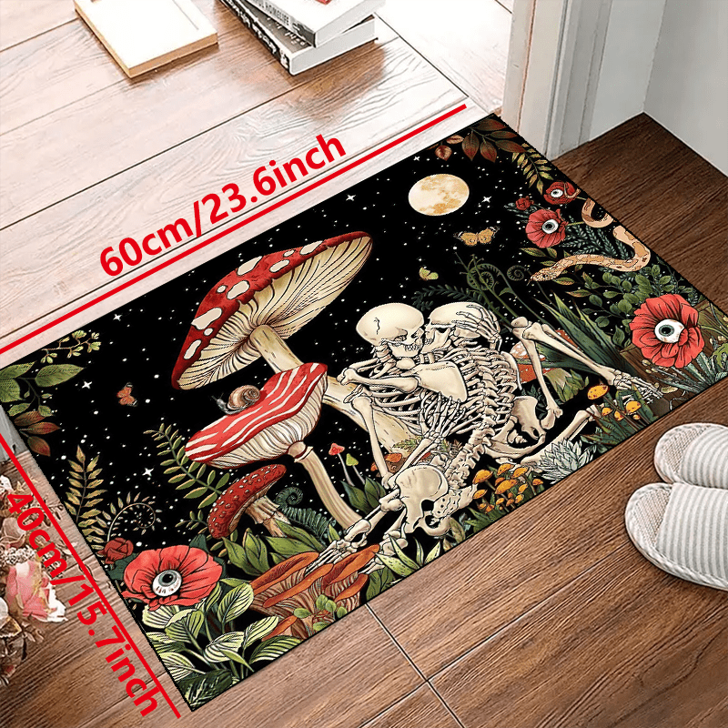 Fantasy Mushroom Print Area Rug Romantic Skull Non slip Halloween Resistant Rug